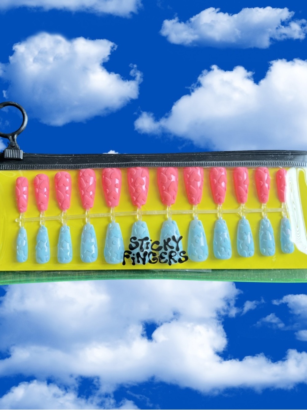 Sticky Fingers Blue and Pink Press-On Nail Set in Clear Zip Pouch Hand Painted